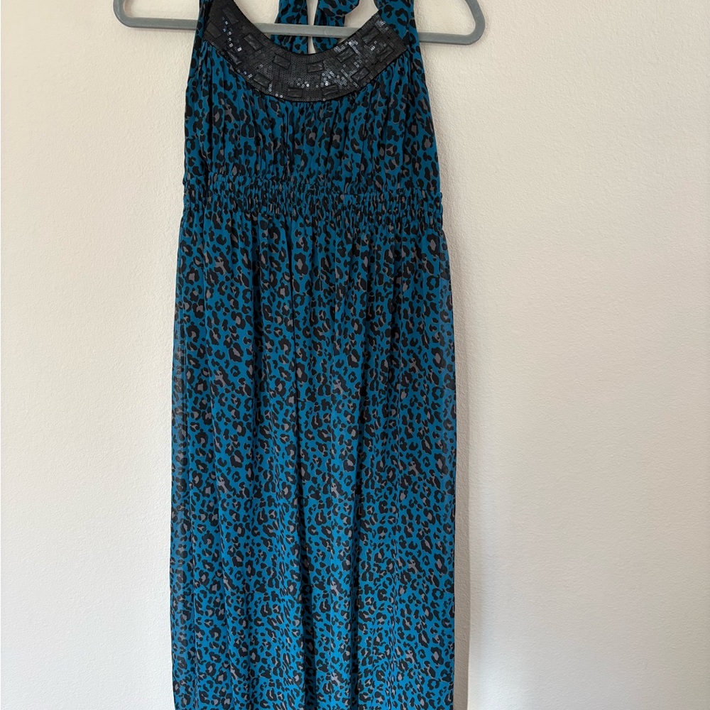 Blue Leopard Print Halter Dress
